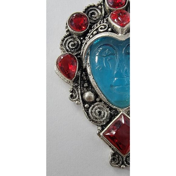 Unique Sterling Silver Pendant with Blue Carved Face and Red Gemstones - Picture 5 of 8